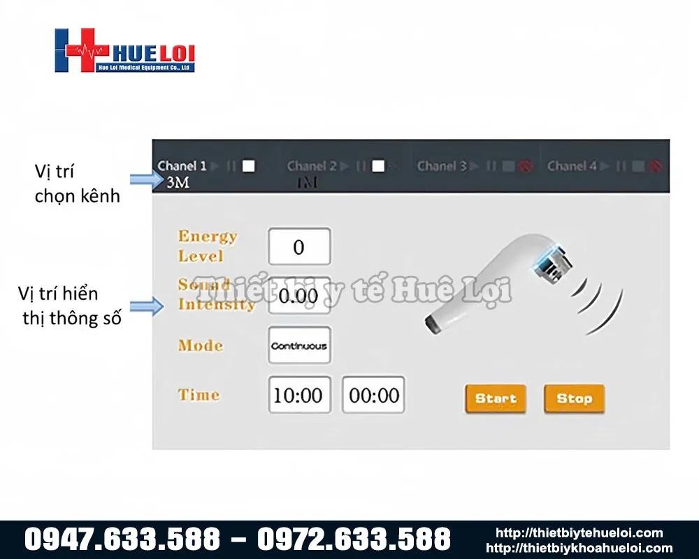 Giao diện máy siêu âm trị liệu đa tần 2 đầu dò
