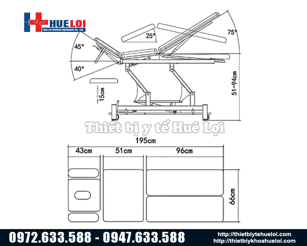 Kích thước của giường nắn chỉnh cột sống EL06