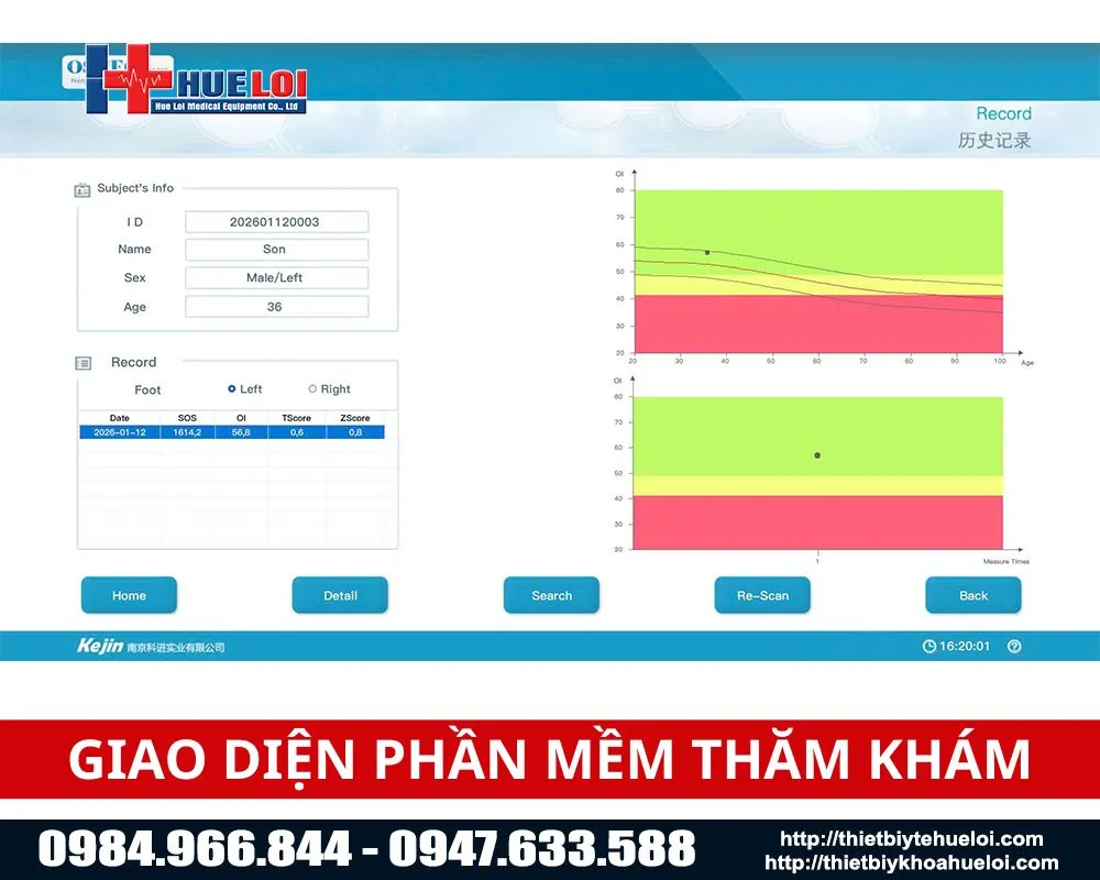 Giao diện phần mềm của máy đo loãng xương gót chân