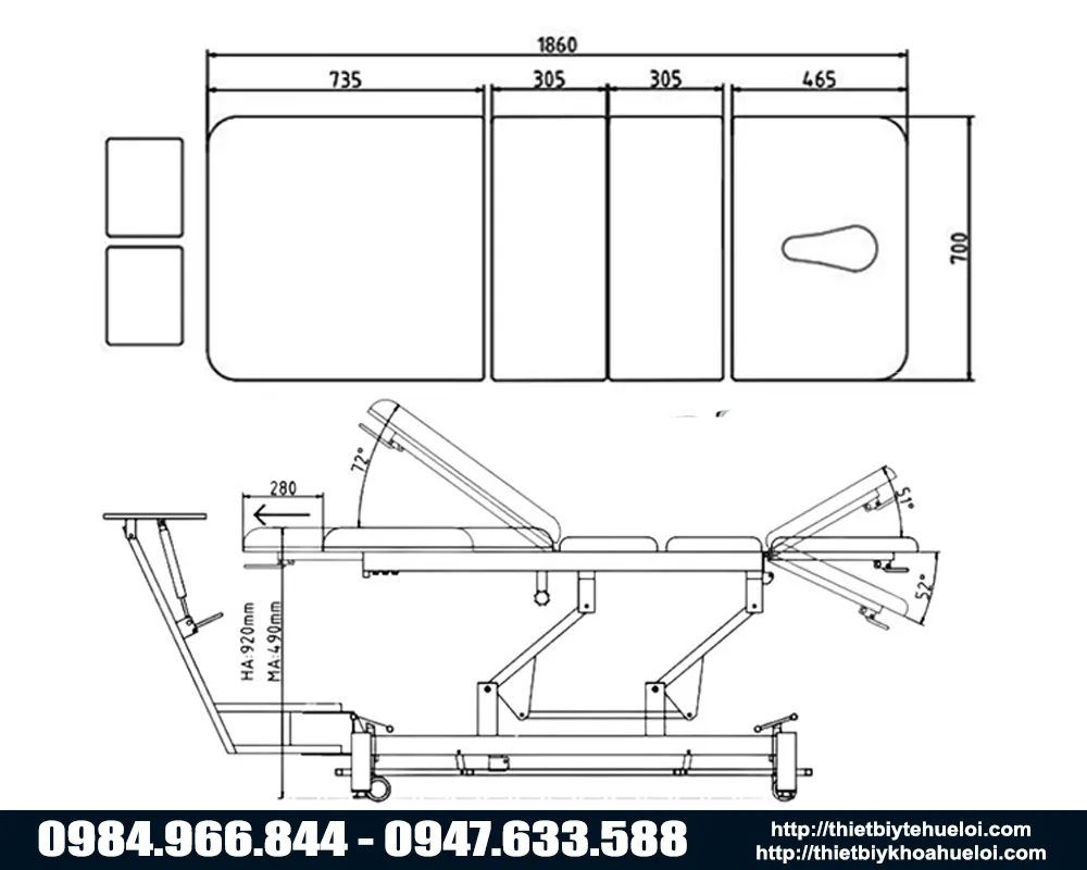 Kích thước của giường kéo giãn cột sống CY-C101F